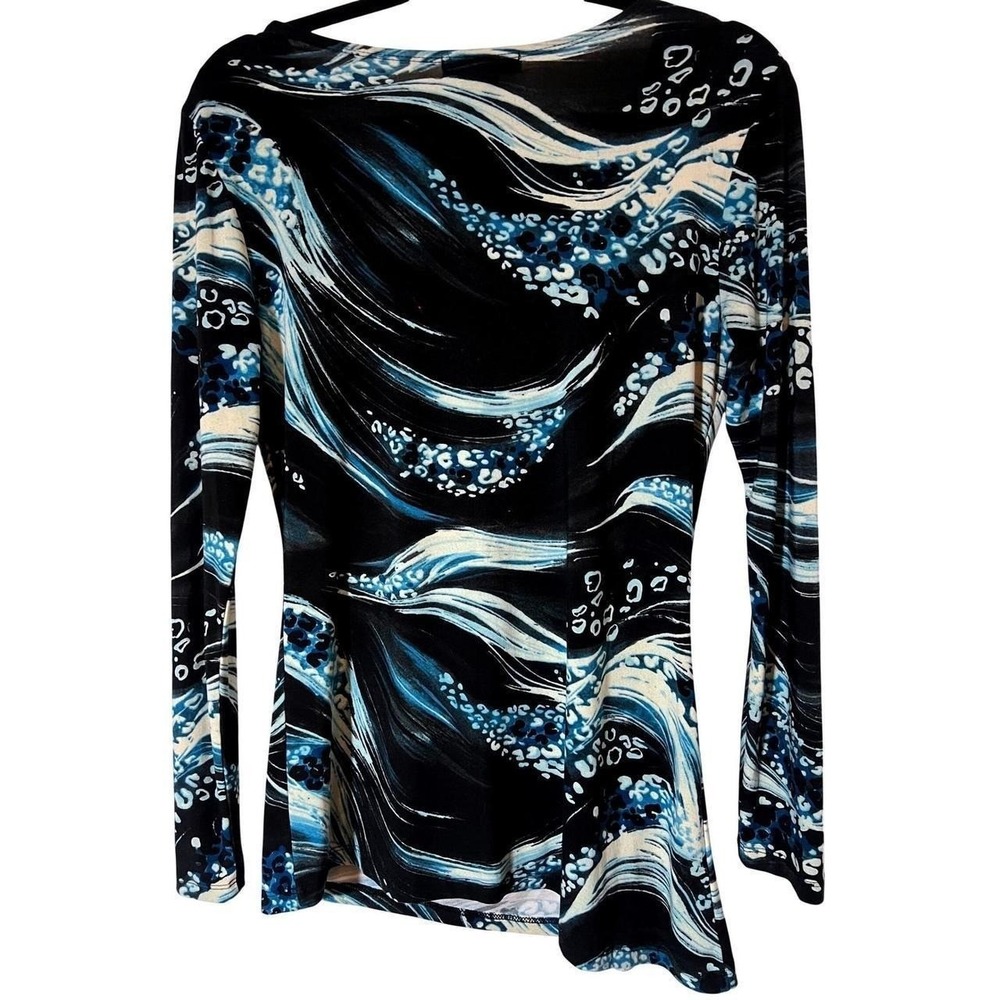 Vintage Suzie Cowl Neck Top Size M Abstract Wave Leopard Print Blue Black - Picture 2 of 6